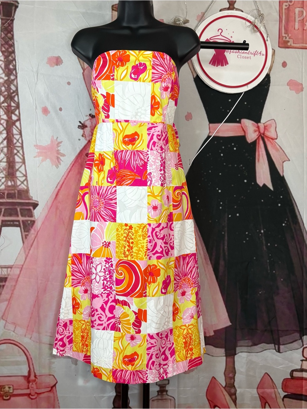 Lilly Pulitzer Strapless Floral Patchwork Dress in Pink, Yellow & White Sz 6 - Picture 4 of 16
